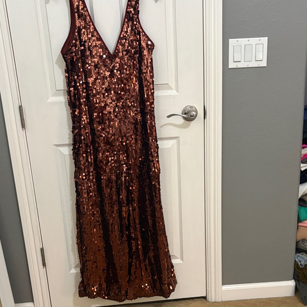 NWT - Maeve Copper Sequin V-Neck Ankle-Length Dress